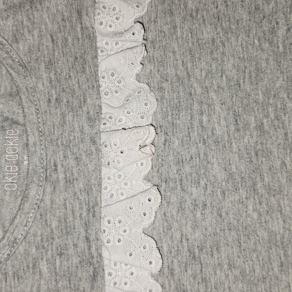 OKIE DOKIE Grey Short Sleeve Tee with White Eyelet Lace Ruffle - Picture 2 of 2